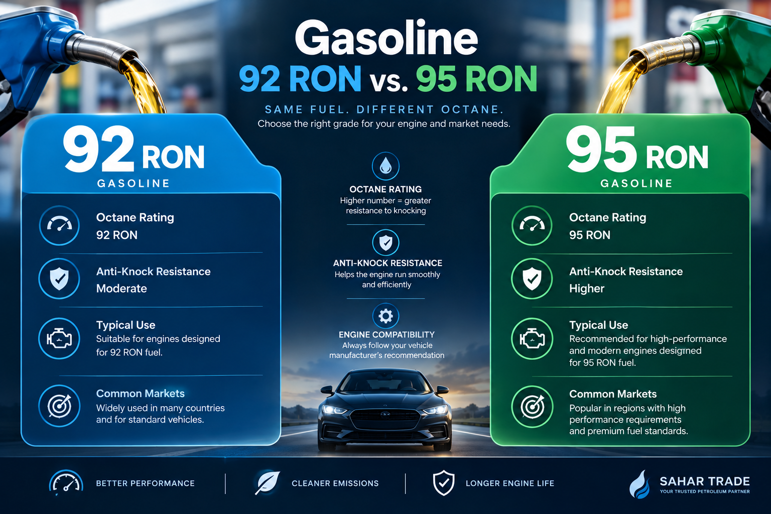 92 vs 95 octane gasoline comparison showing different octane ratings