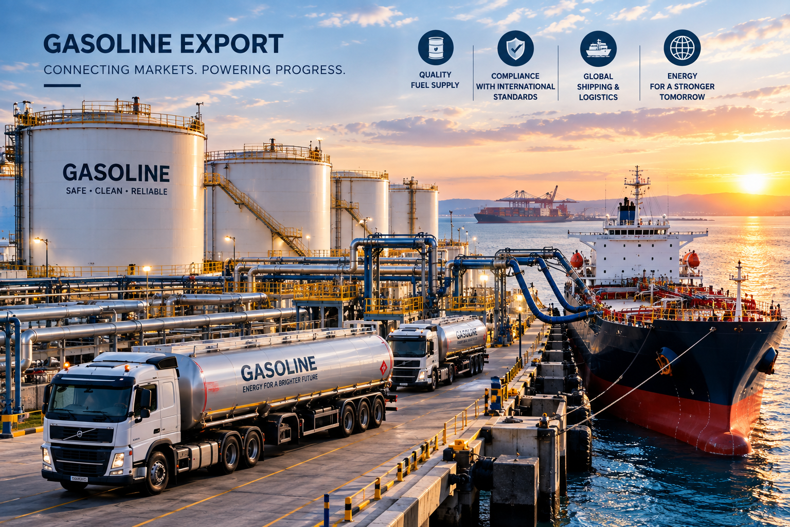 Gasoline export operation with fuel storage tanks and tanker trucks
