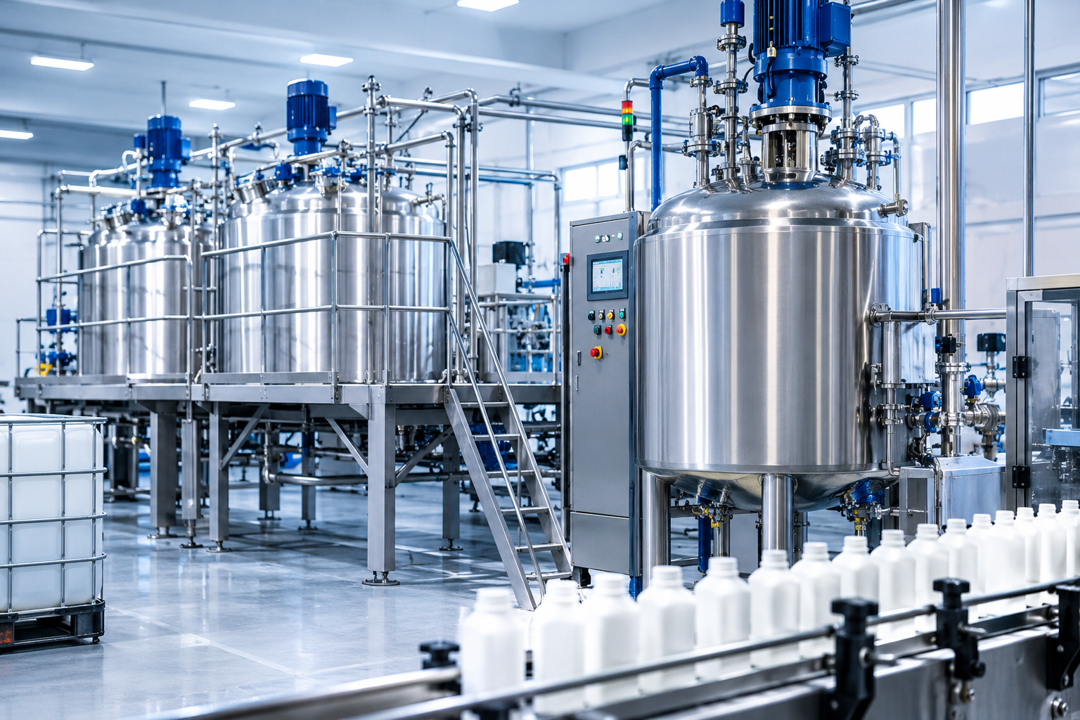 Industrial detergent manufacturing equipment and raw material handling.