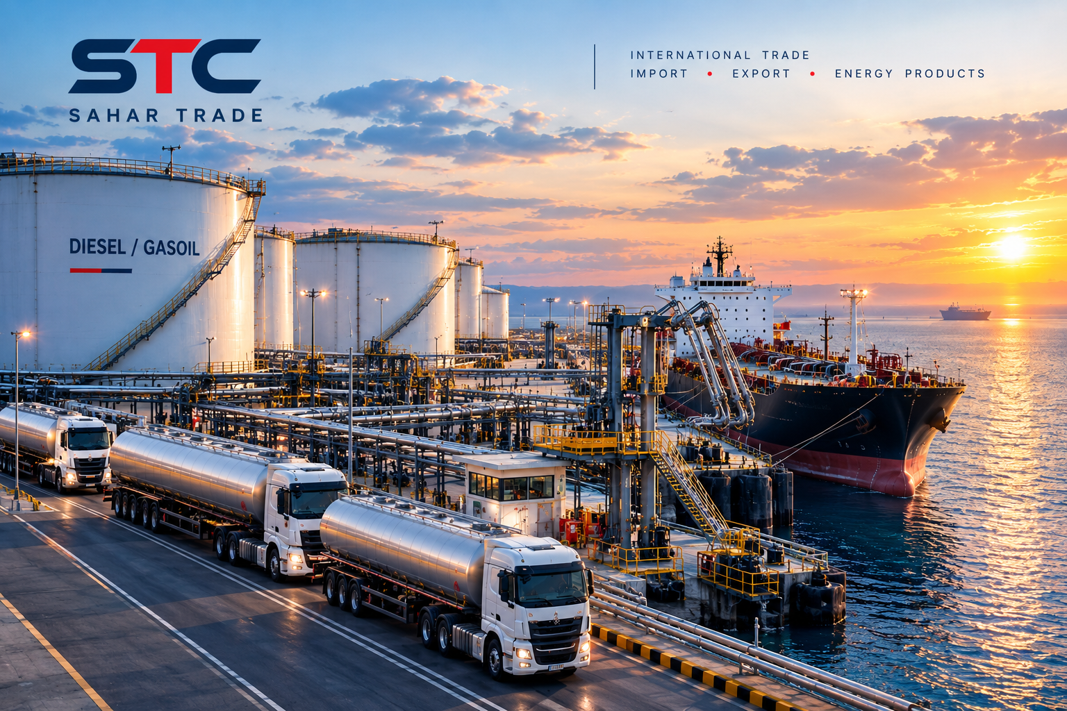 Diesel and gasoil international export operation with storage tanks and tanker trucks