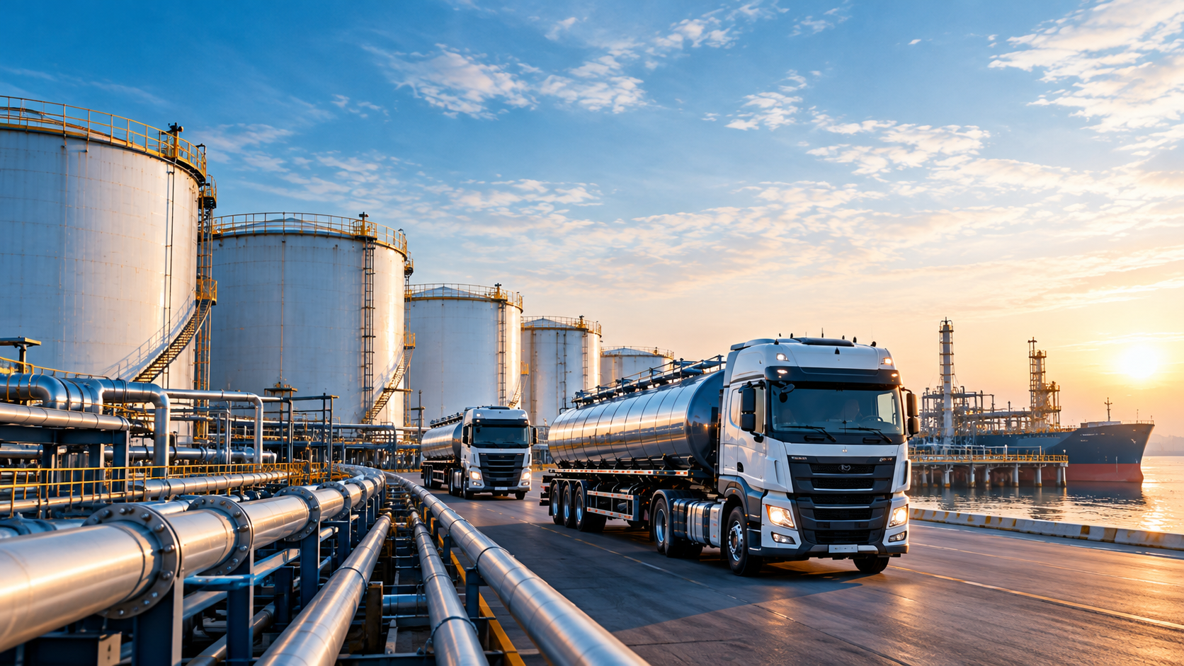 International energy trade and logistics at an industrial petroleum terminal