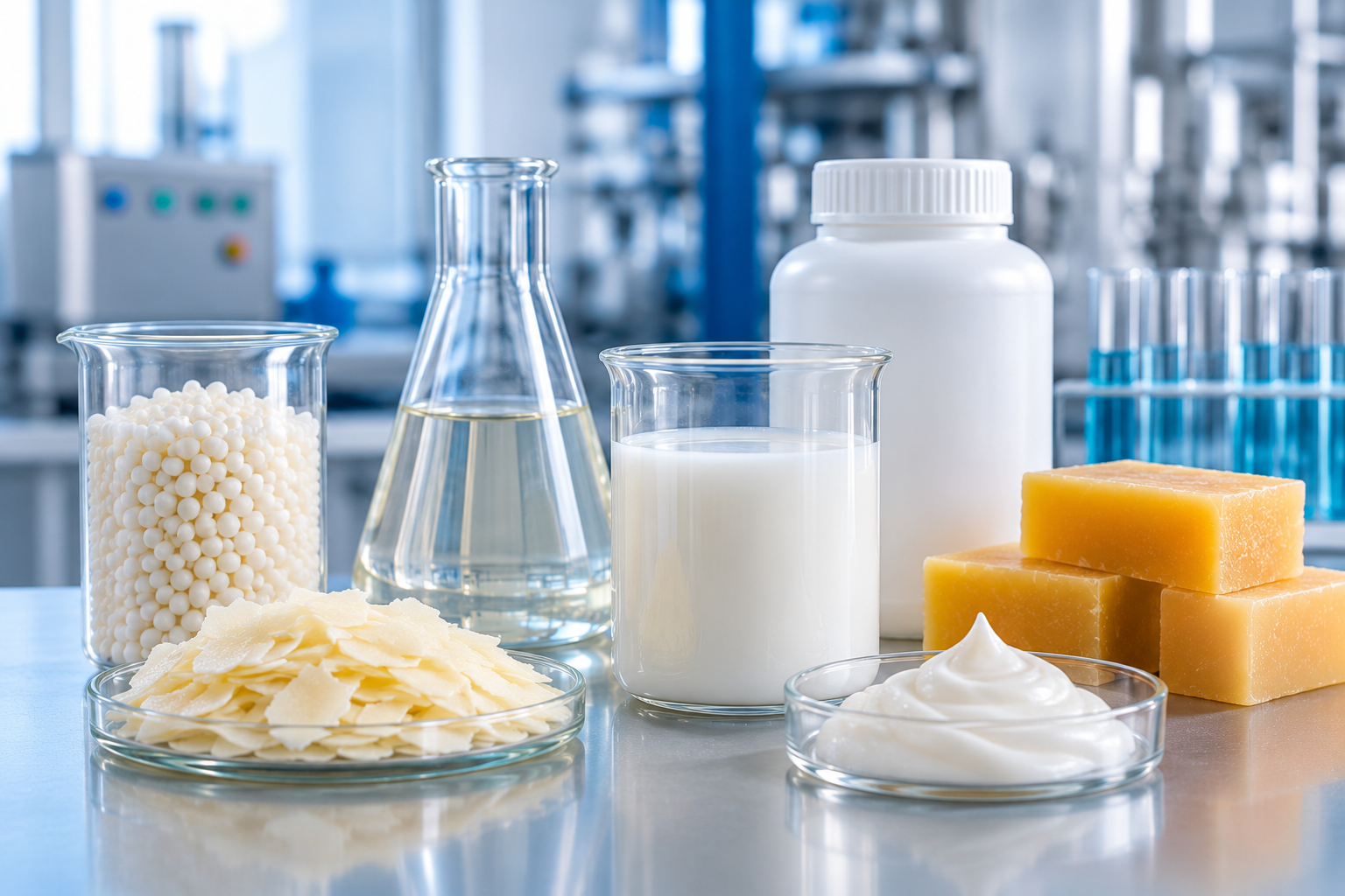 Illustrative samples of wax materials and industrial emulsions